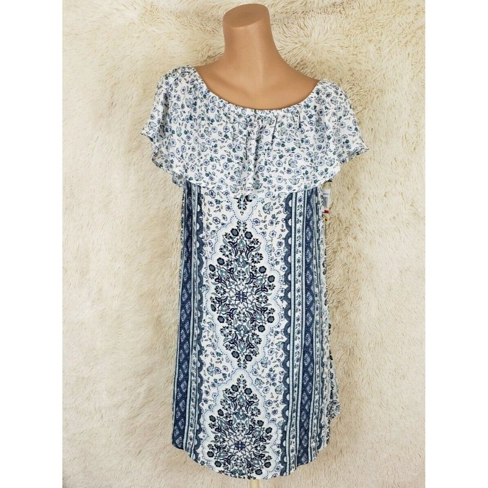 Wall Flower Dress Juniors Sz XS Off The Shoulder Sleeveless Blue Floral Rayon O
